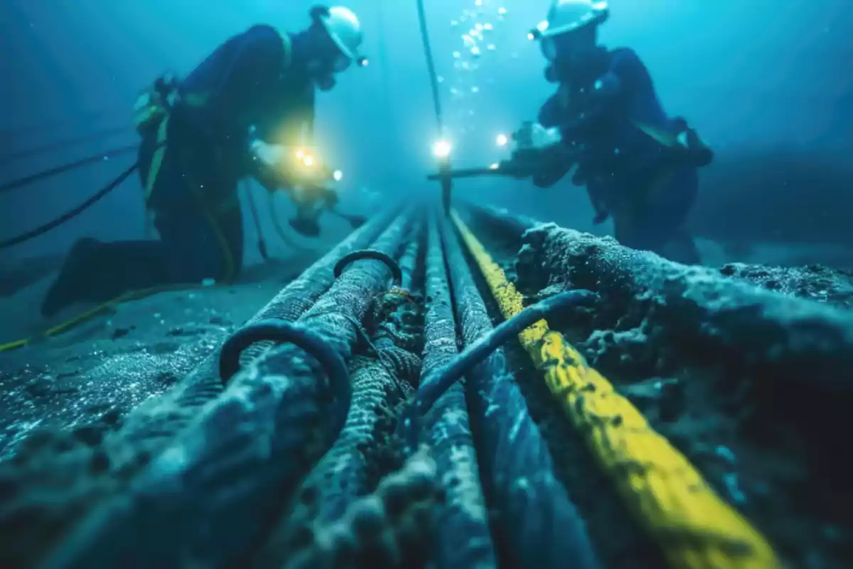 Dos buzos trabajando en la instalación de cables submarinos iluminados por linternas bajo el agua.