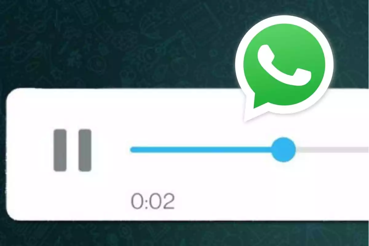 Icono de WhatsApp sobre una interfaz de reproducción de audio con un botón de pausa y una barra de progreso.