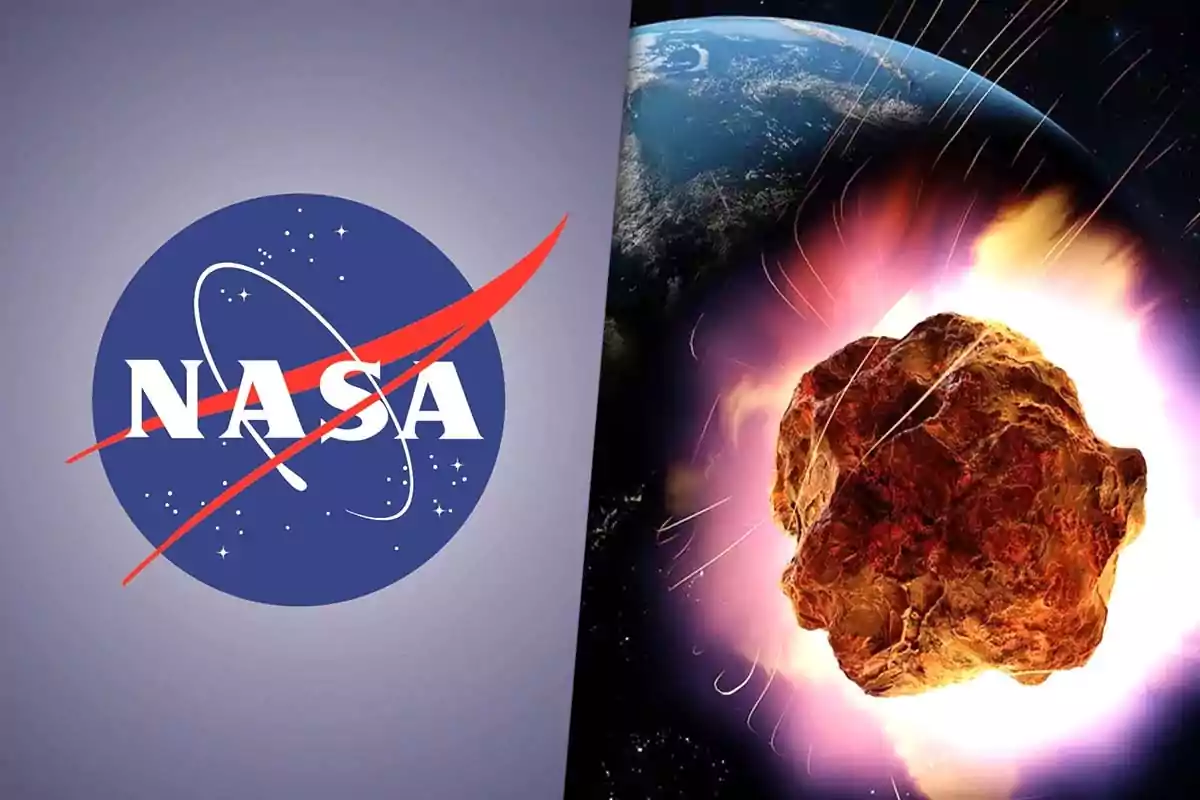 Logotipo de la NASA a la izquierda y un asteroide acercándose a la Tierra a la derecha.