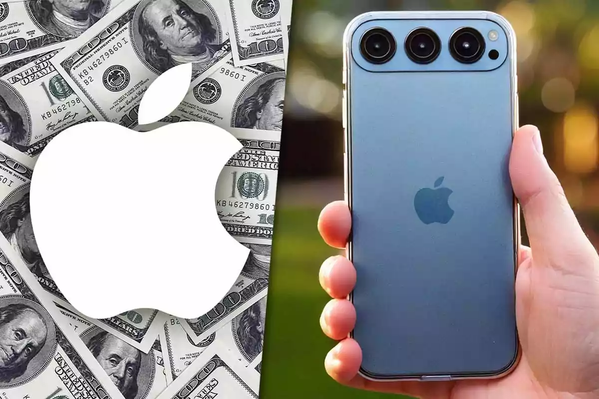 Un logotipo de Apple sobre un fondo de billetes de cien dólares junto a una mano sosteniendo un iPhone 17 con triple cámara.