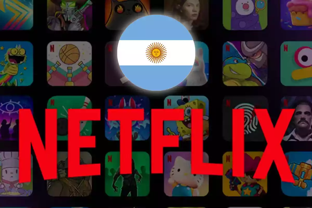 Logotipo de Netflix en rojo sobre un fondo de iconos de juegos con la bandera de Argentina en el centro.