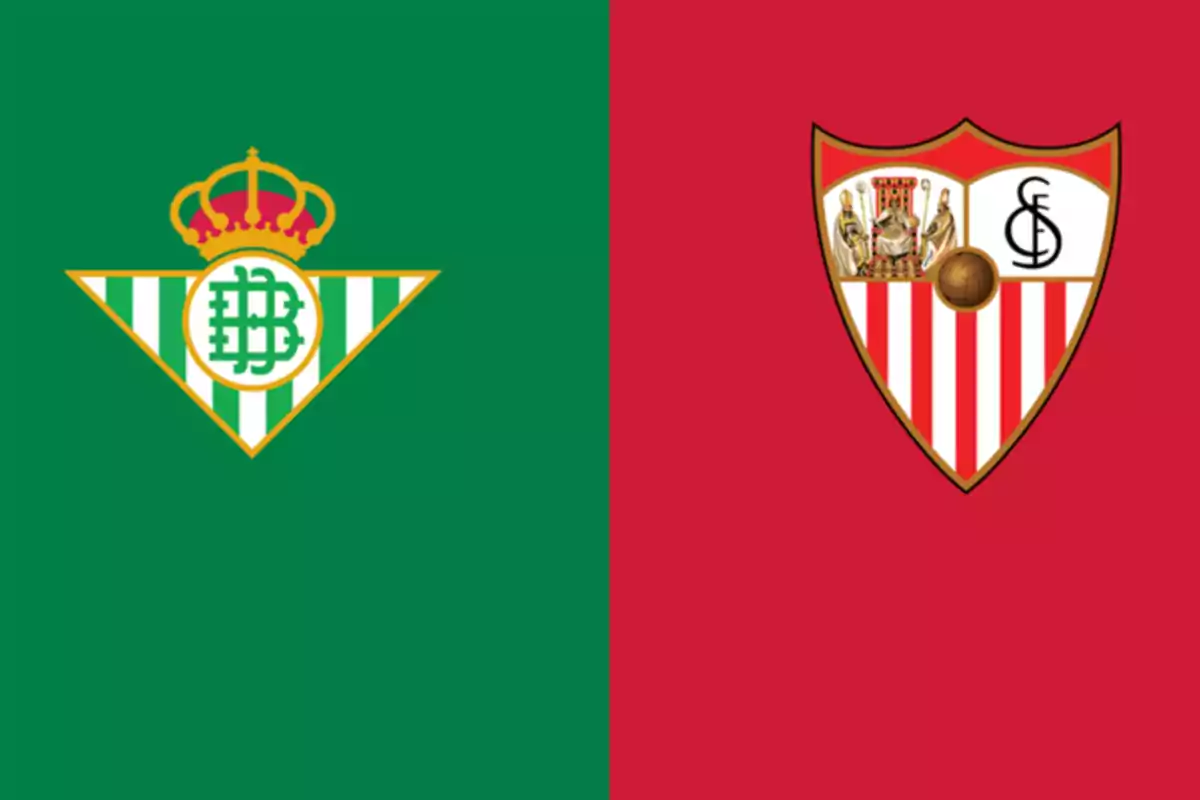 Escudos de los equipos de fútbol Real Betis y Sevilla FC sobre fondos verde y rojo respectivamente.