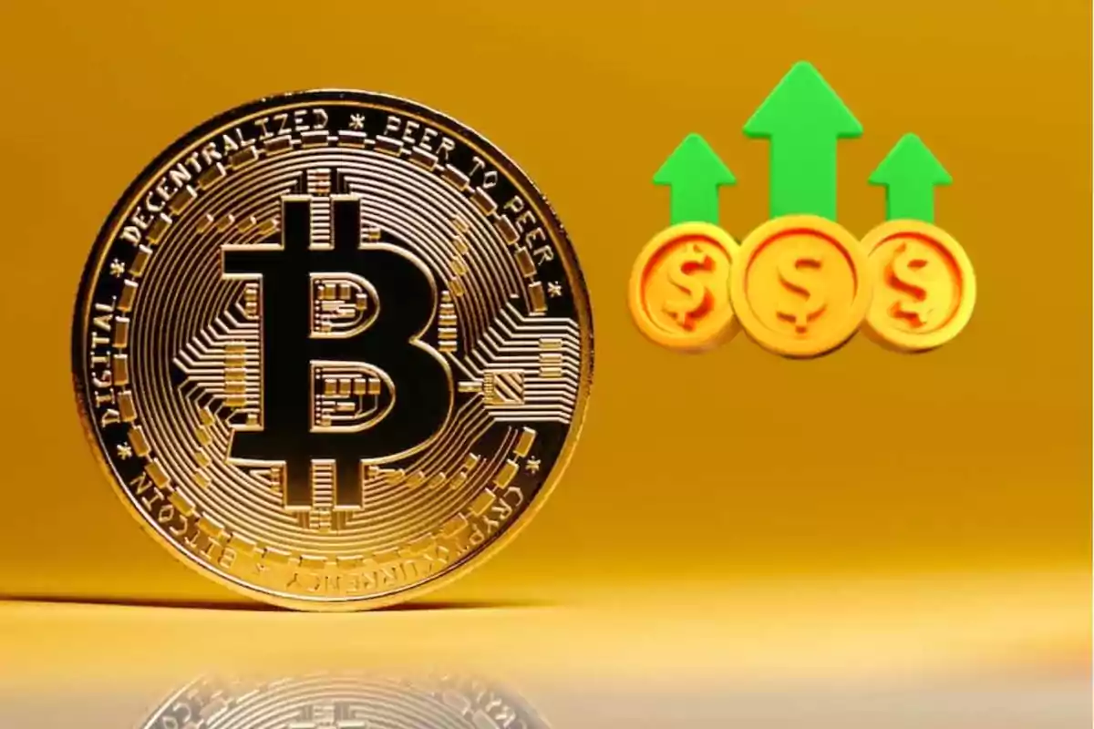 Moneda de Bitcoin junto a iconos de monedas con flechas verdes hacia arriba sobre un fondo amarillo.