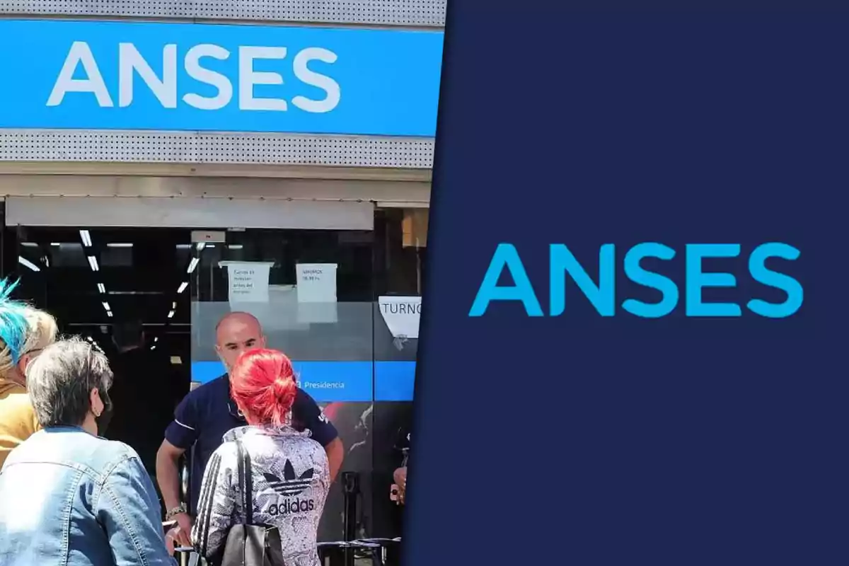 People waiting at the entrance of an ANSES office with a blue sign displaying the institution's name.