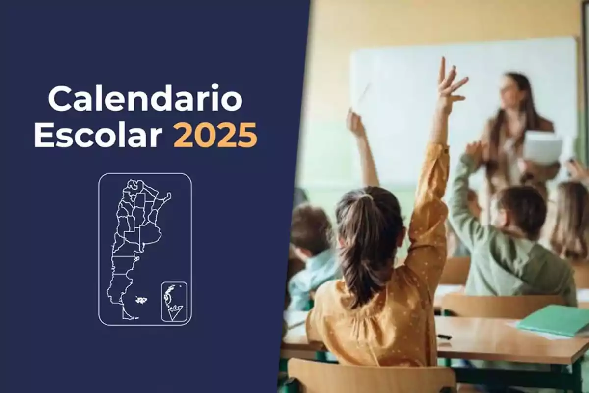 Calendario Escolar 2025 con un mapa de Argentina y una clase con estudiantes levantando la mano.