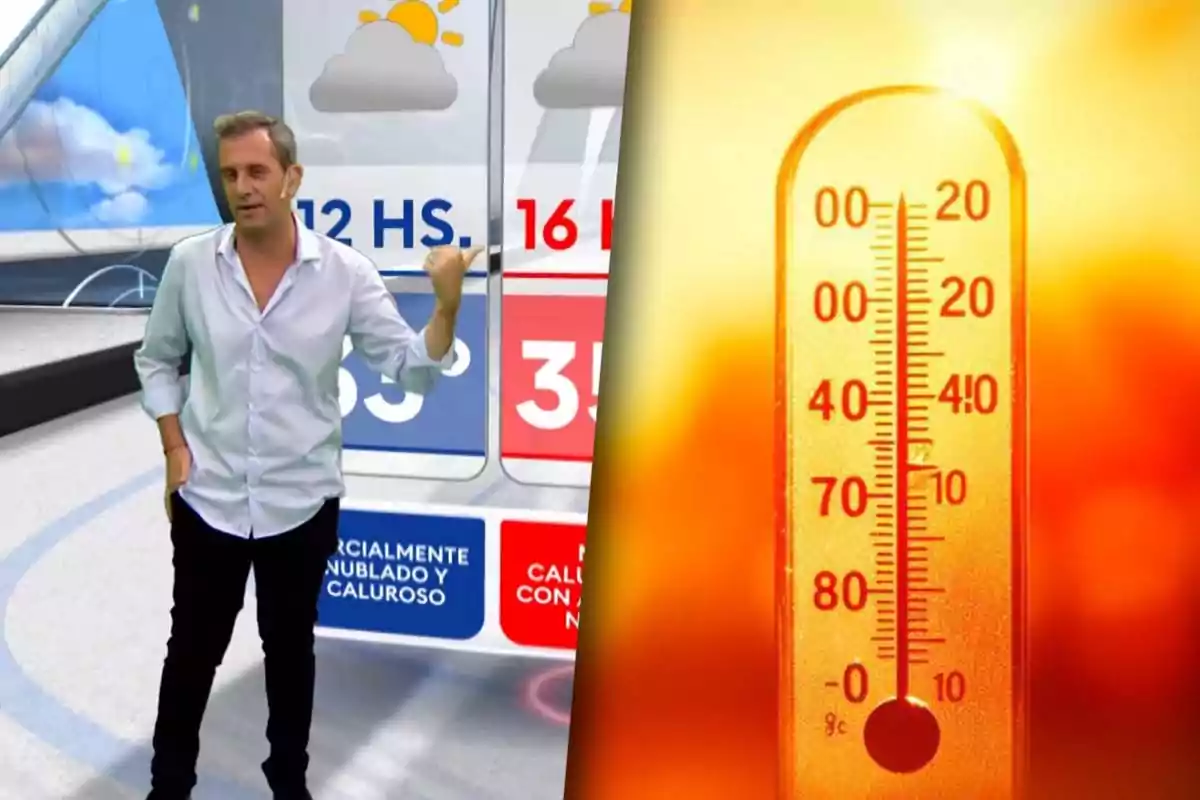 Bertolotti presentando el clima con un gráfico de temperatura alta en el AMBA el miércoles 22 de enero.