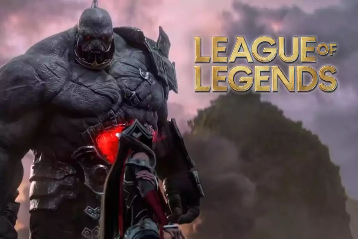 Un personaje gigante y oscuro con ojos rojos y un resplandor rojo en el pecho se enfrenta a un guerrero en un entorno nublado, con el logo de League of Legends en la esquina superior derecha.