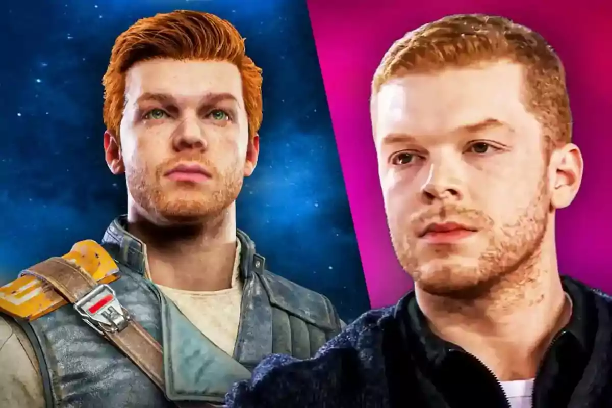 Un personaje de videojuego con cabello rojo y barba junto a una persona real con características similares, sobre un fondo dividido en azul y rosa. Cameron monaghan podría interpretar a Cal Kestis.