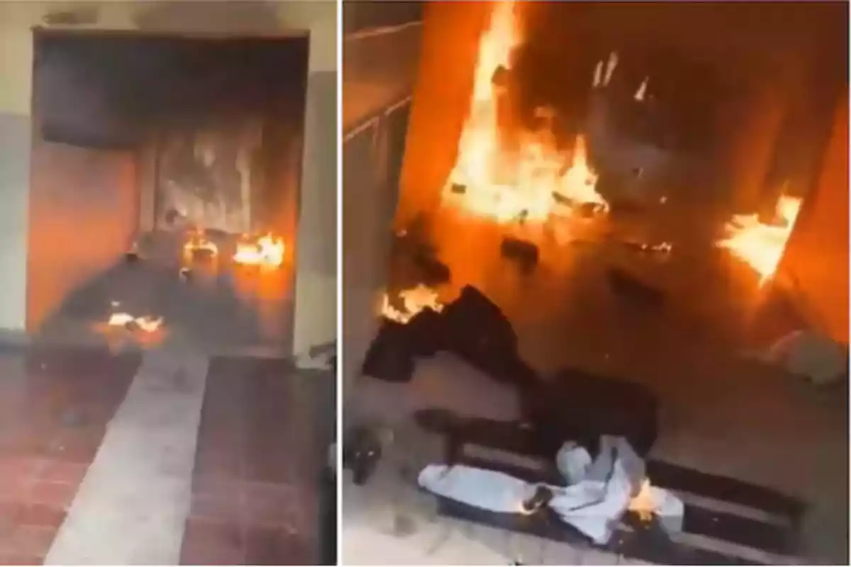 Un incendio en el interior de un edificio con llamas intensas y humo denso.