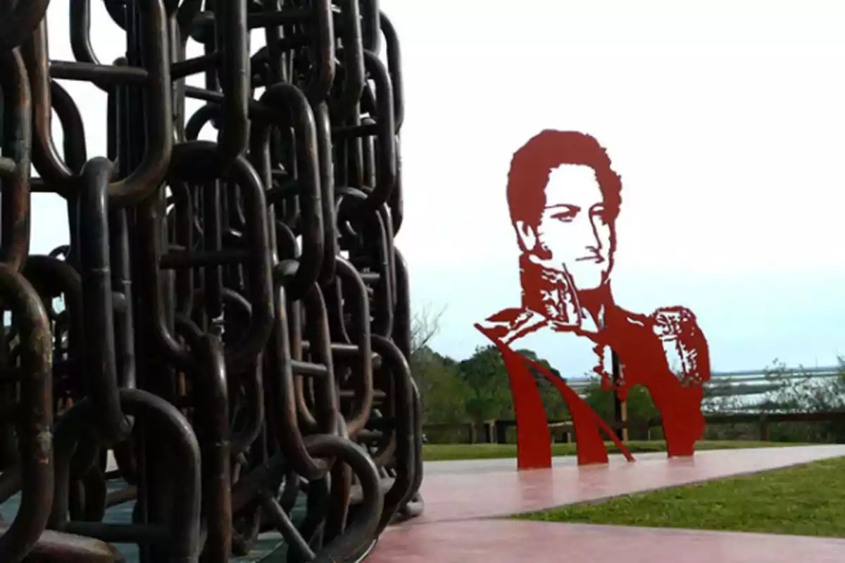 Escultura de cadenas metálicas junto a una figura recortada de un hombre en un parque.