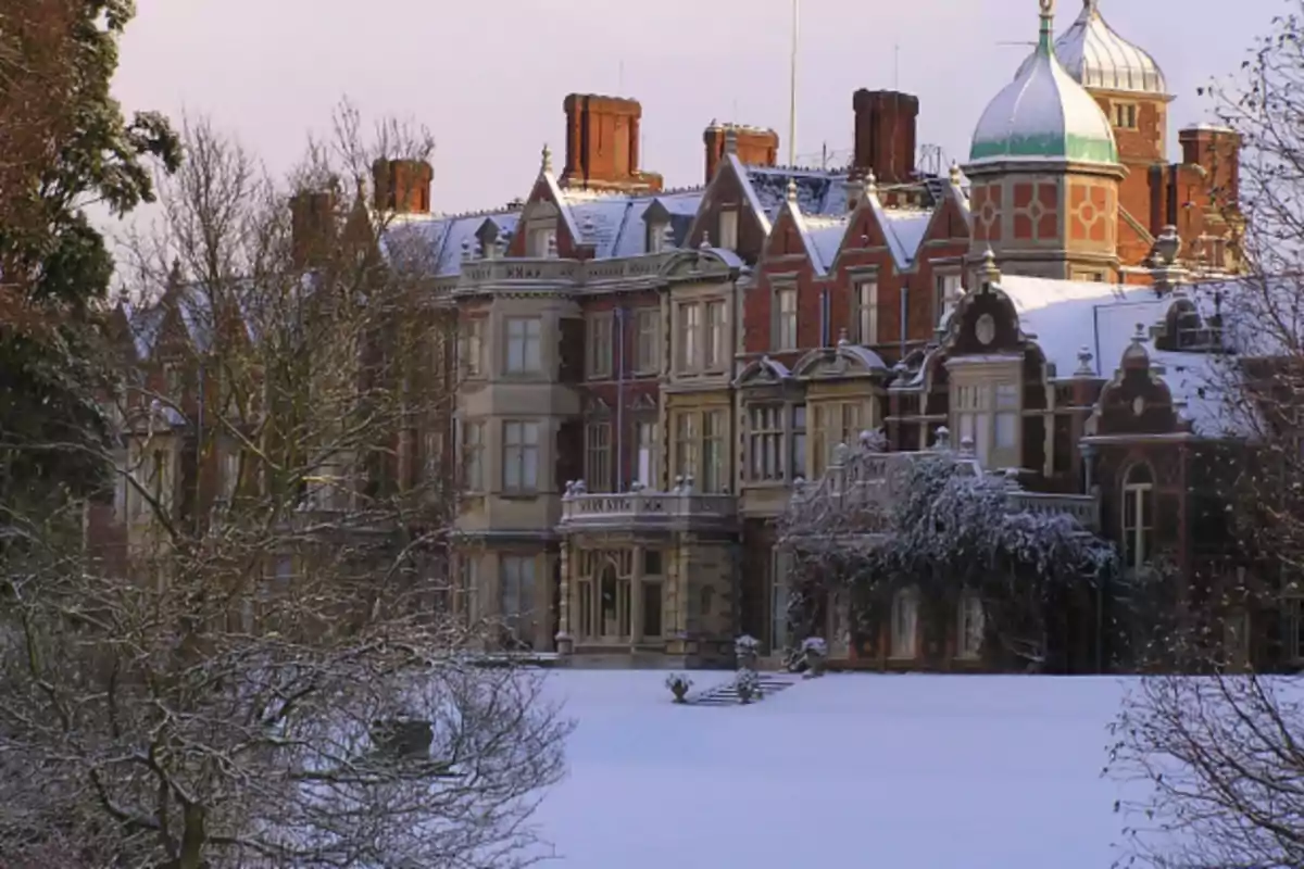 Un edificio histórico cubierto de nieve rodeado de árboles en invierno.