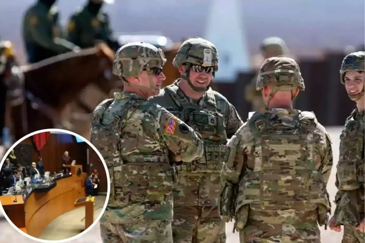 A group of soldiers in camouflage uniforms is conversing outdoors, while in a box a session in a legislative chamber is observed.