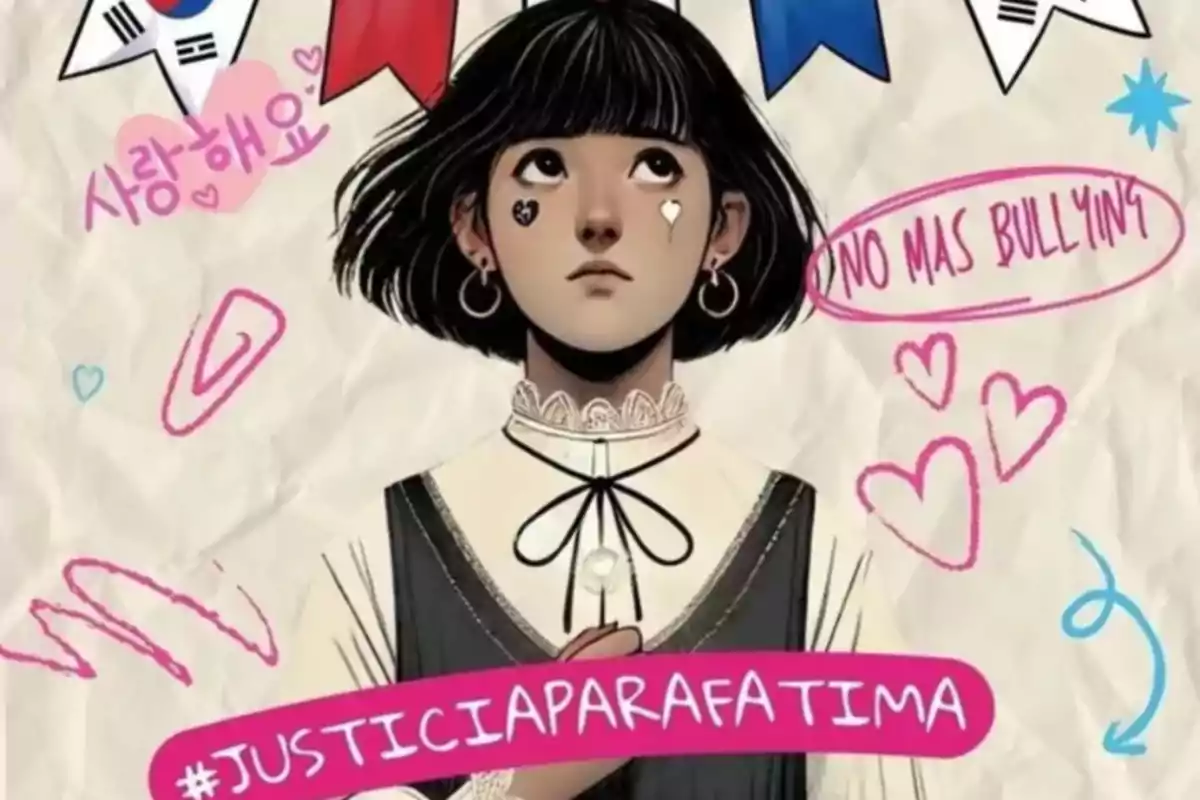 Una ilustración de una chica con cabello corto y oscuro, rodeada de corazones y mensajes en contra del bullying, con un lazo en el cuello y un hashtag que dice #JUSTICIAPARAFATIMA.