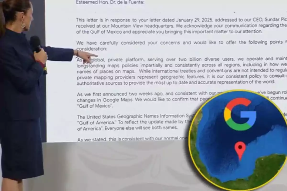 Una persona señala un documento proyectado en una pantalla que parece ser una carta oficial, mientras que en la esquina inferior derecha hay un gráfico con el logotipo de Google sobre un mapa.