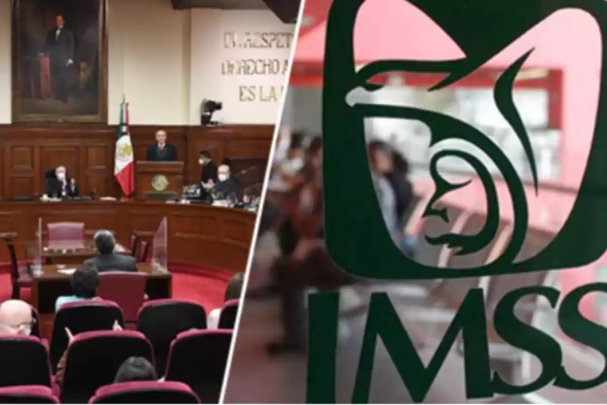 Una sala de tribunal con personas presentes y el logotipo del IMSS en primer plano.