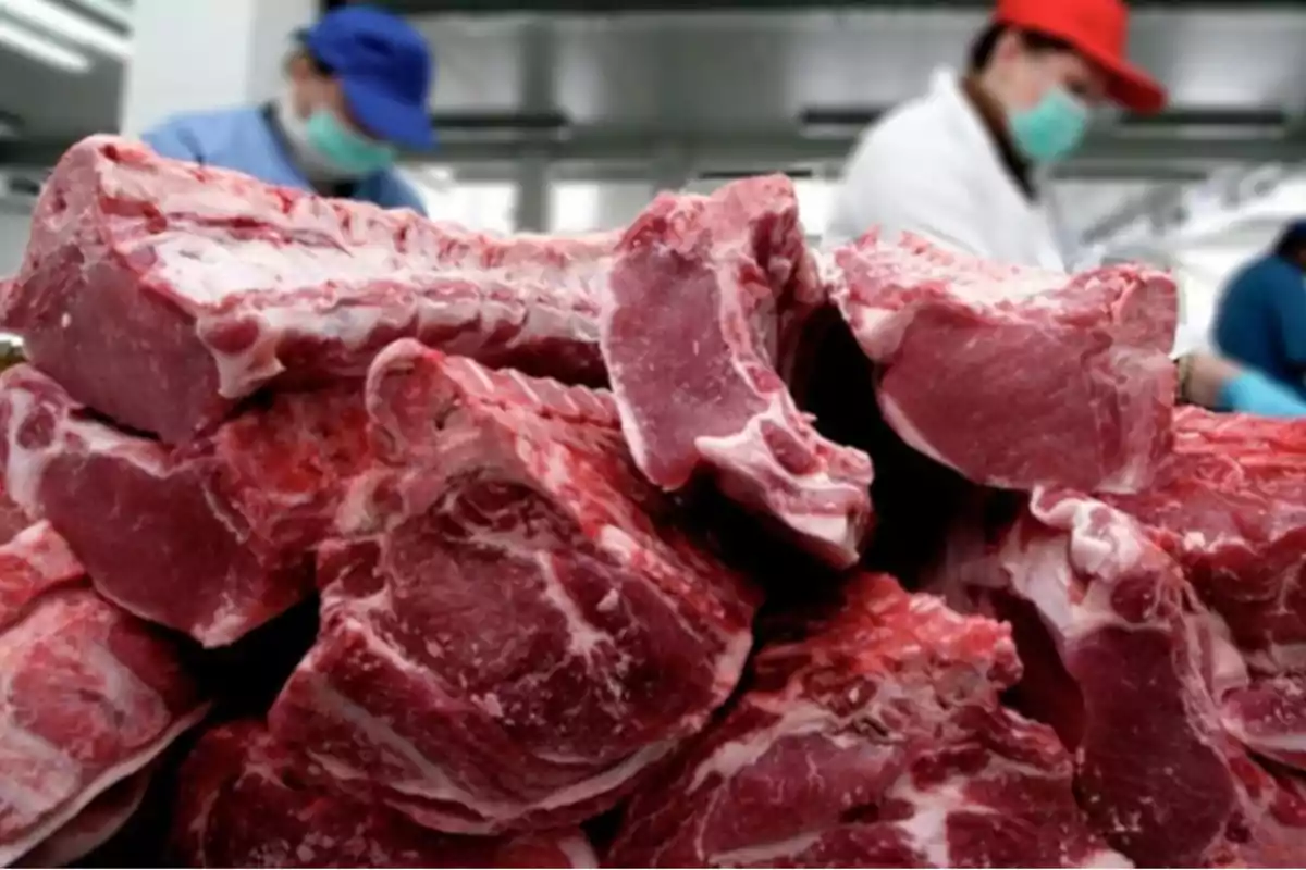 Piezas de carne cruda apiladas en una superficie con personas trabajando al fondo.