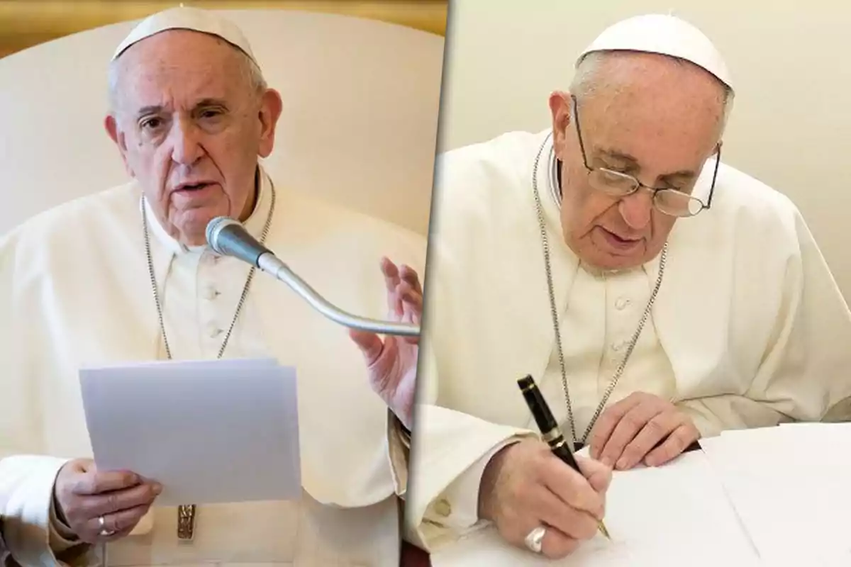 El papa Francisco hablando frente a un micrófono y escribiendo en un documento.