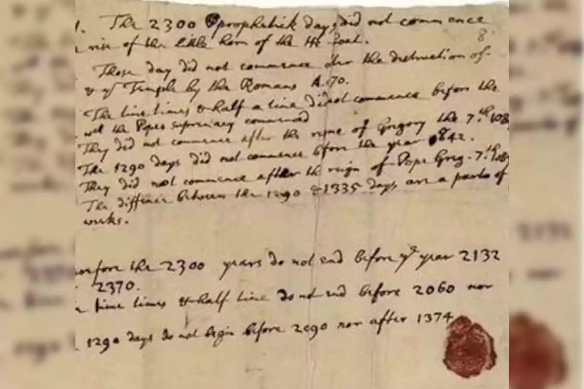 Un documento antiguo con texto manuscrito en inglés, que parece ser una carta o nota con cálculos o predicciones, y un sello de cera roja en la parte inferior.