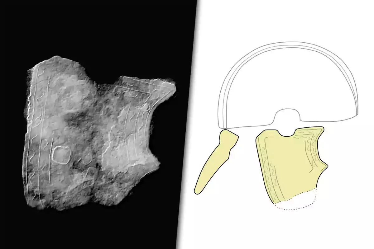 Ancient pottery fragment with engravings on the left and its illustrated reconstruction on the right.