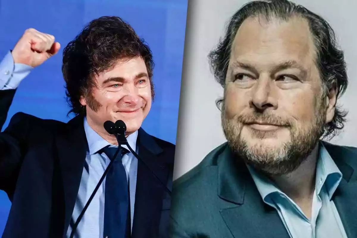 Javier Milei levantando el puño y sonriendo, y el CEO de Salesforce mirando hacia un lado con una expresión pensativa.