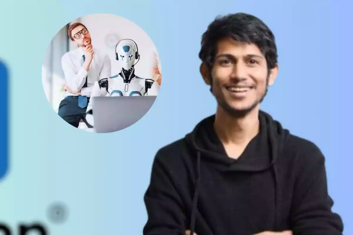 Un hombre sonriente con un fondo azul y un círculo que muestra a un robot y una persona pensativa frente a una computadora.