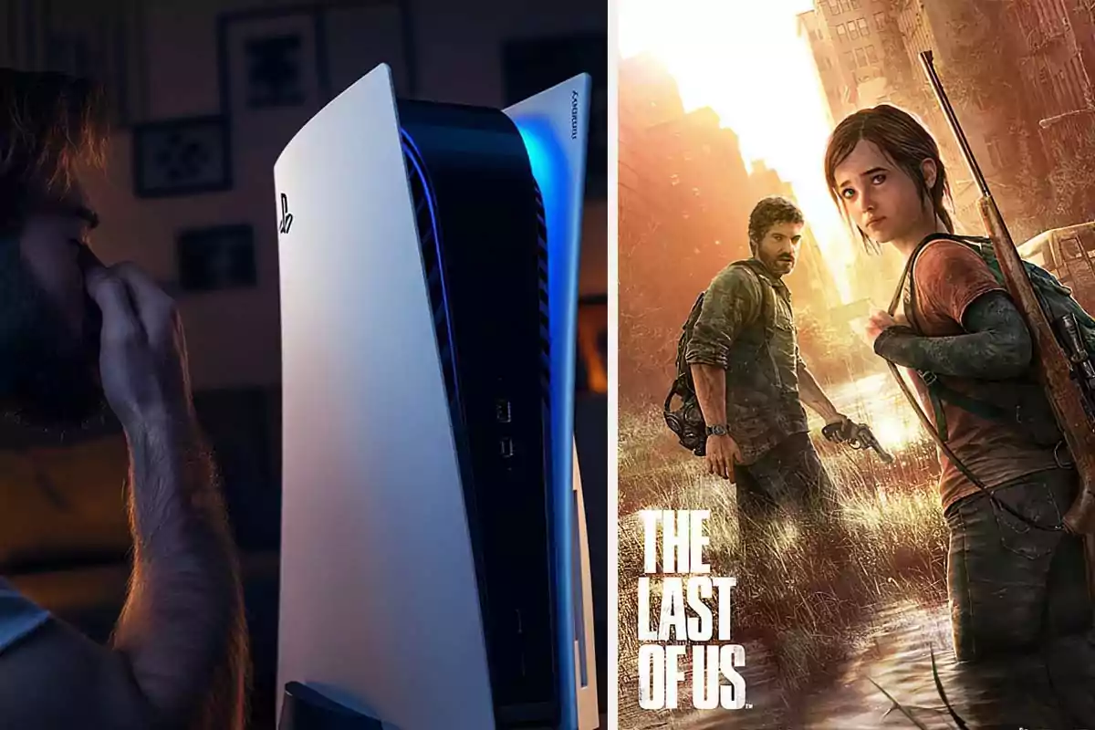 Un hombre observa una consola de videojuegos PlayStation 5 mientras se tapa la nariz junto a una imagen promocional del videojuego "The Last of Us".