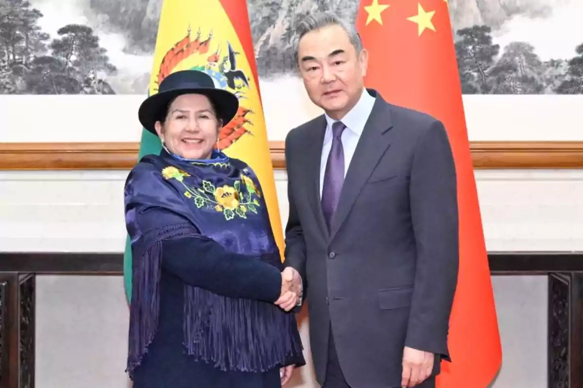 Two people shaking hands in front of the flags of Bolivia and China.