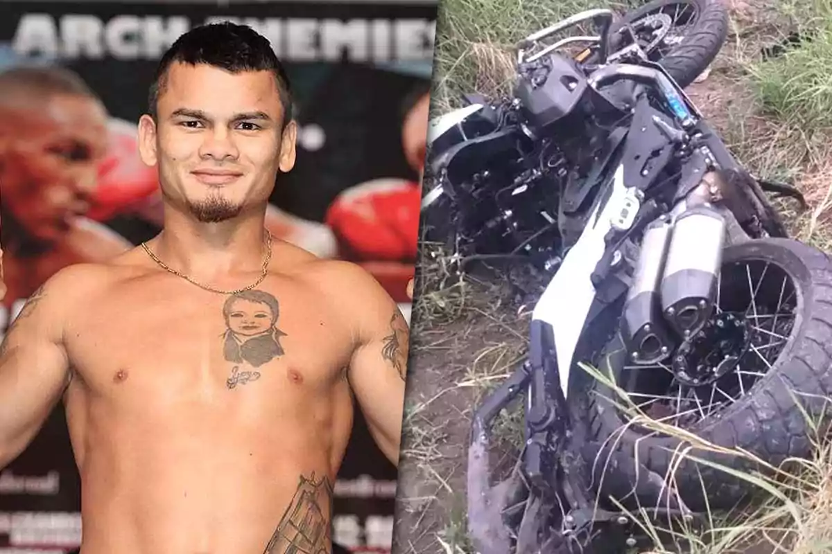 An image composed of a photo of Chino Maidana and his crashed motorcycle.