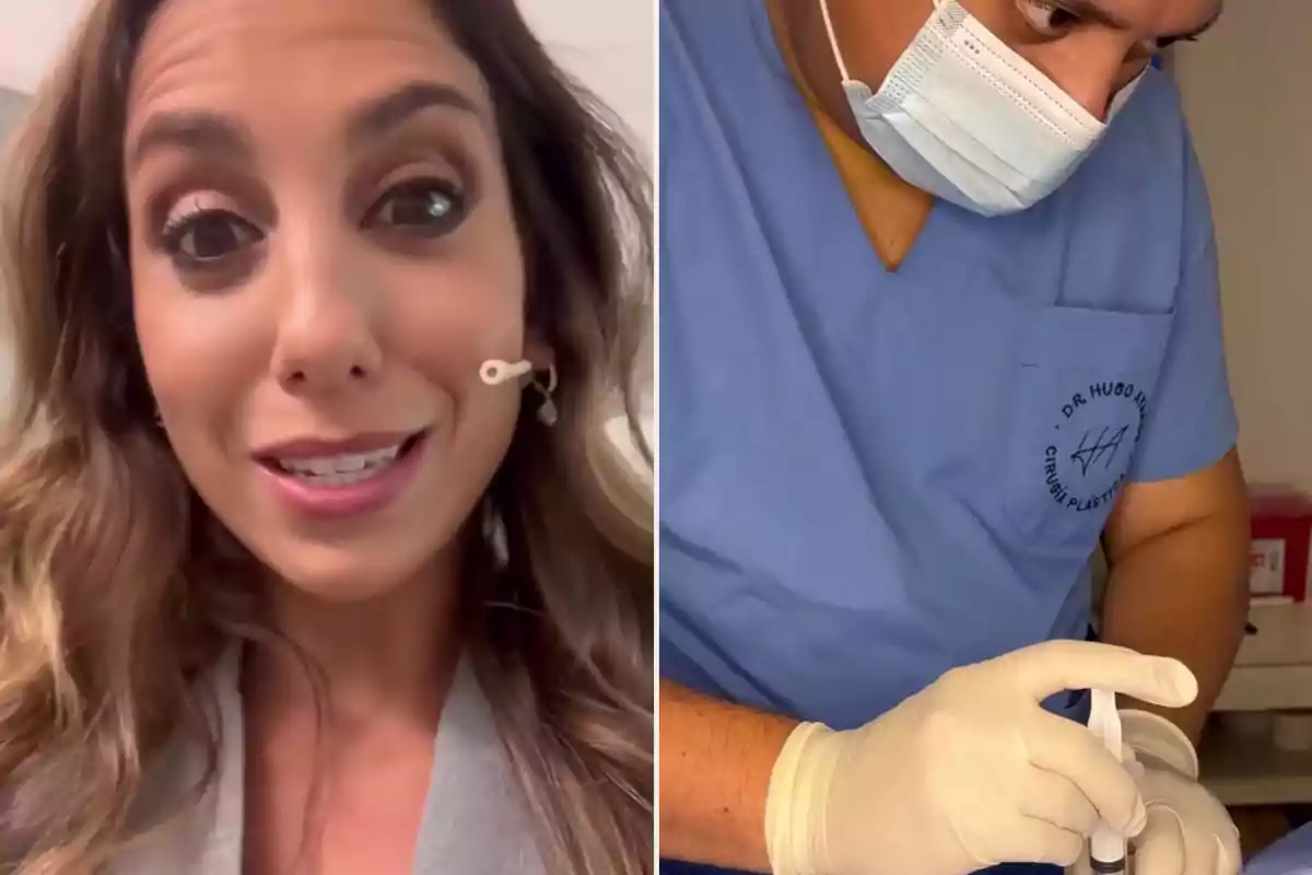 Cinthia Fernández con un dispositivo en la mejilla y un profesional de la salud con mascarilla y guantes sosteniendo una jeringa.