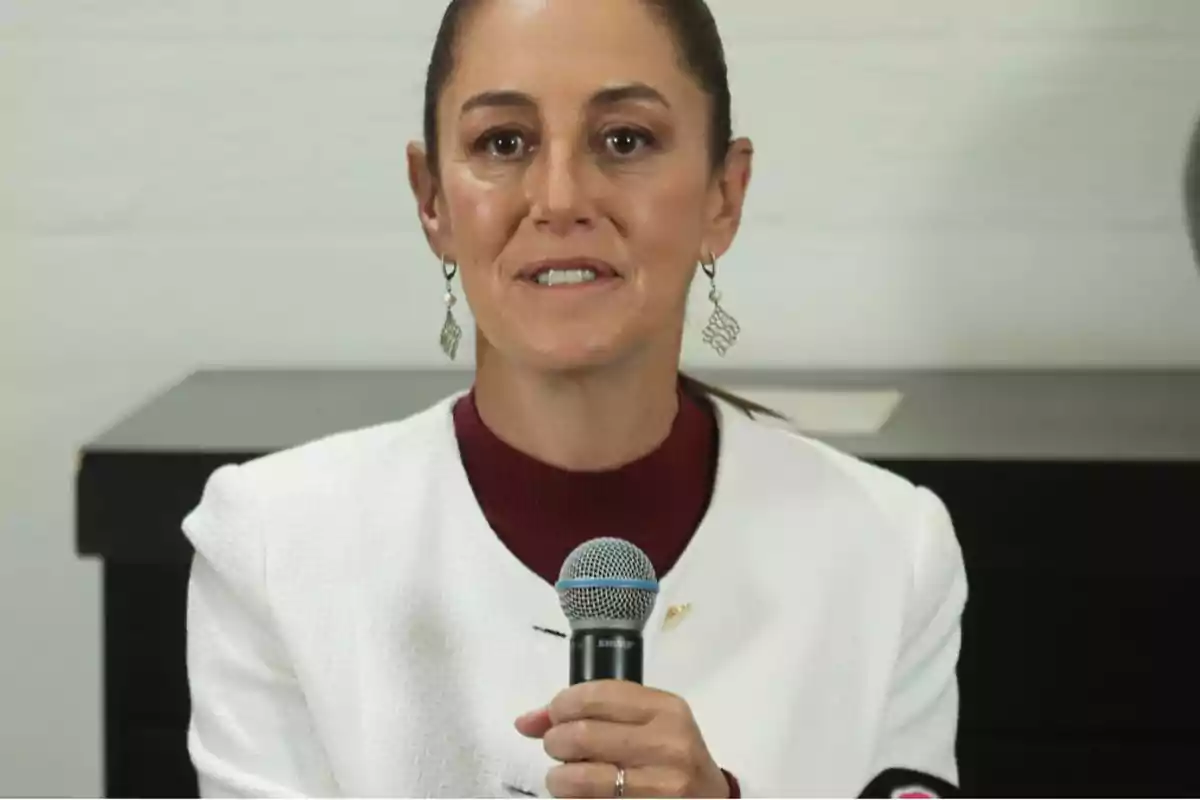 Una persona con cabello recogido y aretes sostiene un micrófono mientras viste un atuendo blanco y rojo.