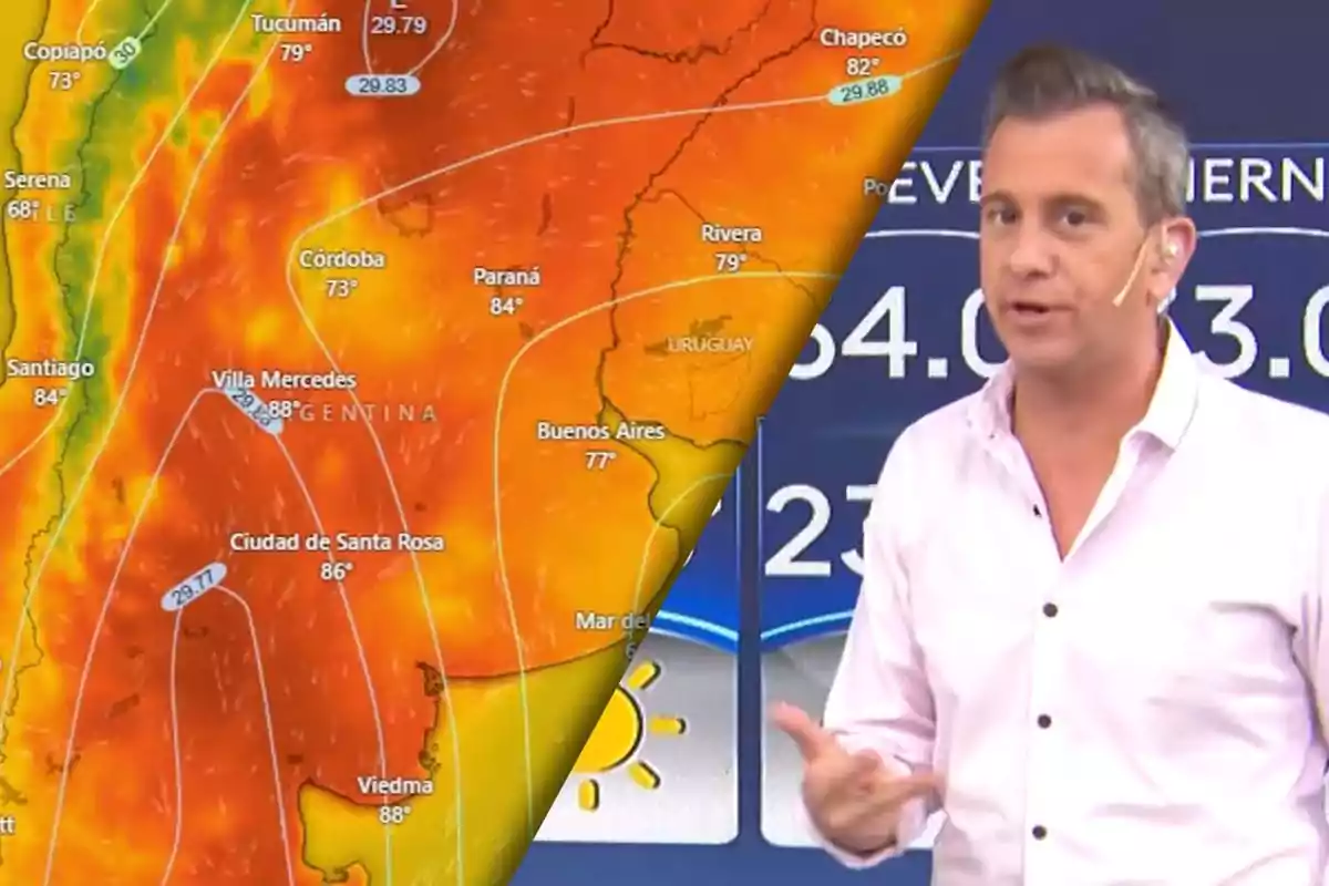 El meteorólogo Matías Bertolotti en un estudio de televisión junto a un mapa meteorológico de Argentina que muestra temperaturas elevadas en varias ciudades.