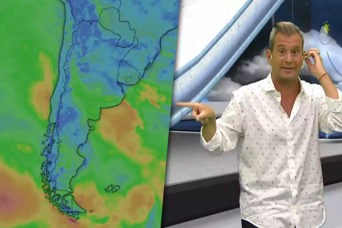 Meteorologist Matías Bertolotti in a television studio next to a weather map of South America.