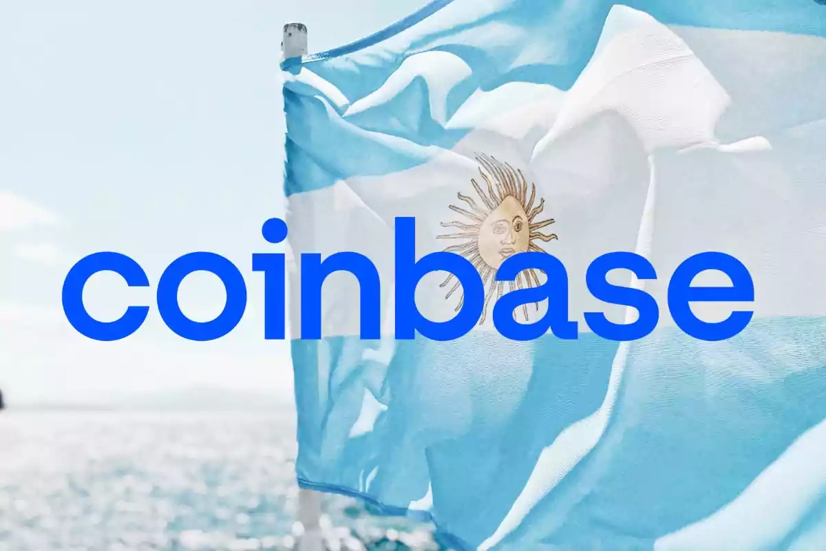 Bandera de Argentina ondeando con el texto "coinbase" superpuesto en azul.