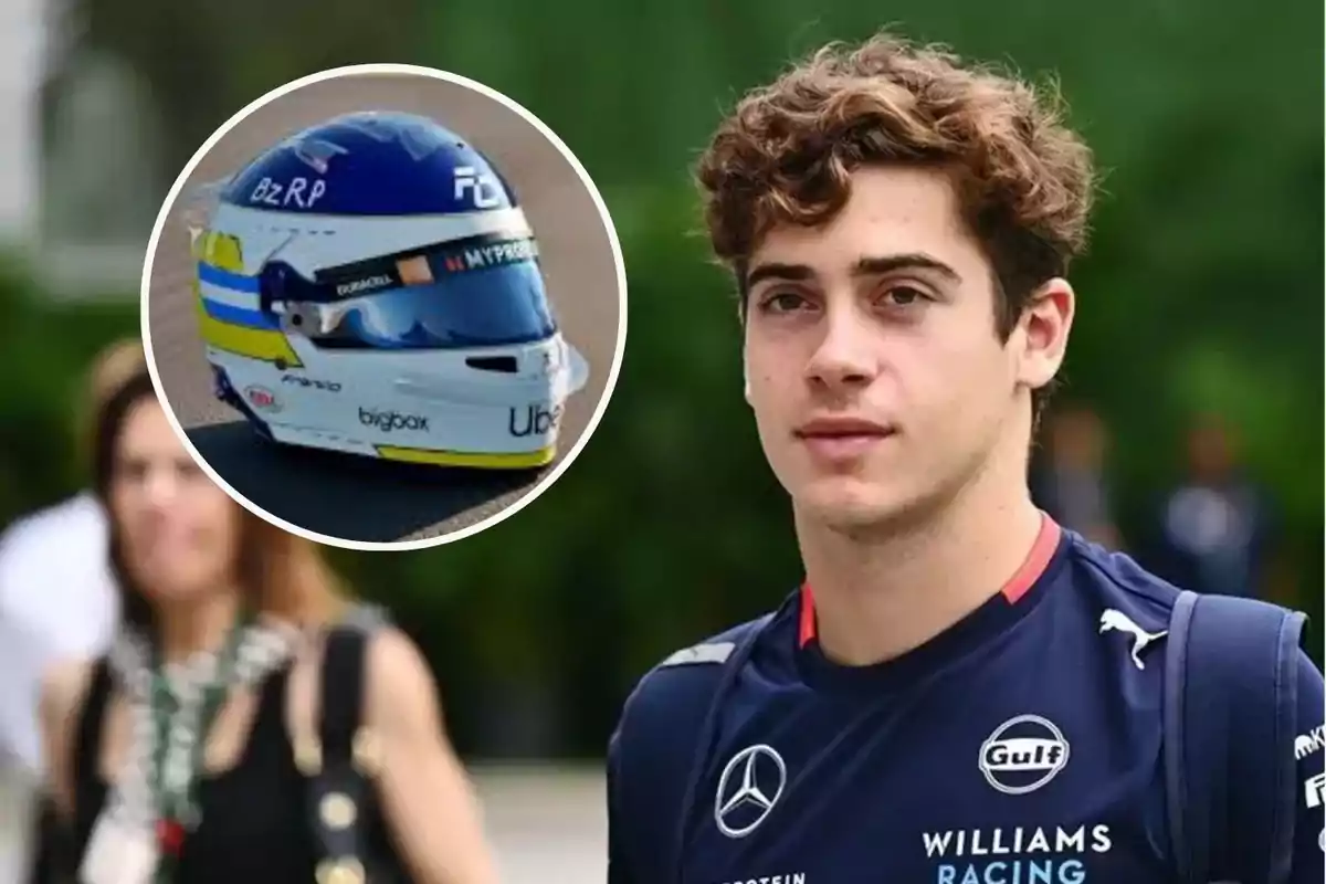 Un joven con camiseta de Williams Racing está de pie al aire libre, y en un recuadro se muestra un casco de carreras con detalles en azul, amarillo y blanco.