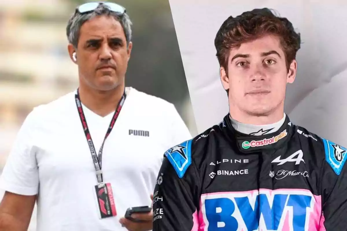 Dos hombres, uno con camiseta blanca y gafas en la cabeza (Juan Pablo Montoya), y otro con un traje de carreras negro (Franco Colapinto) con logos de patrocinadores.