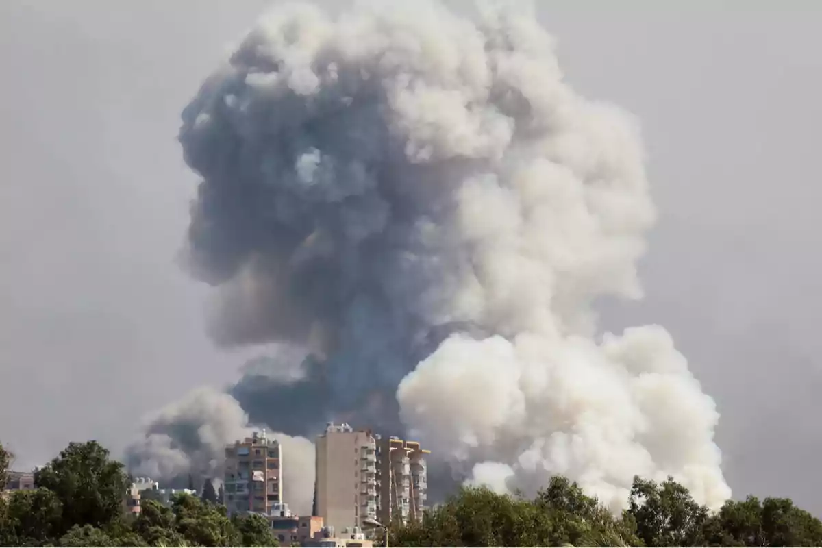 Una gran nube de humo gris y blanco se eleva sobre edificios residenciales y árboles.