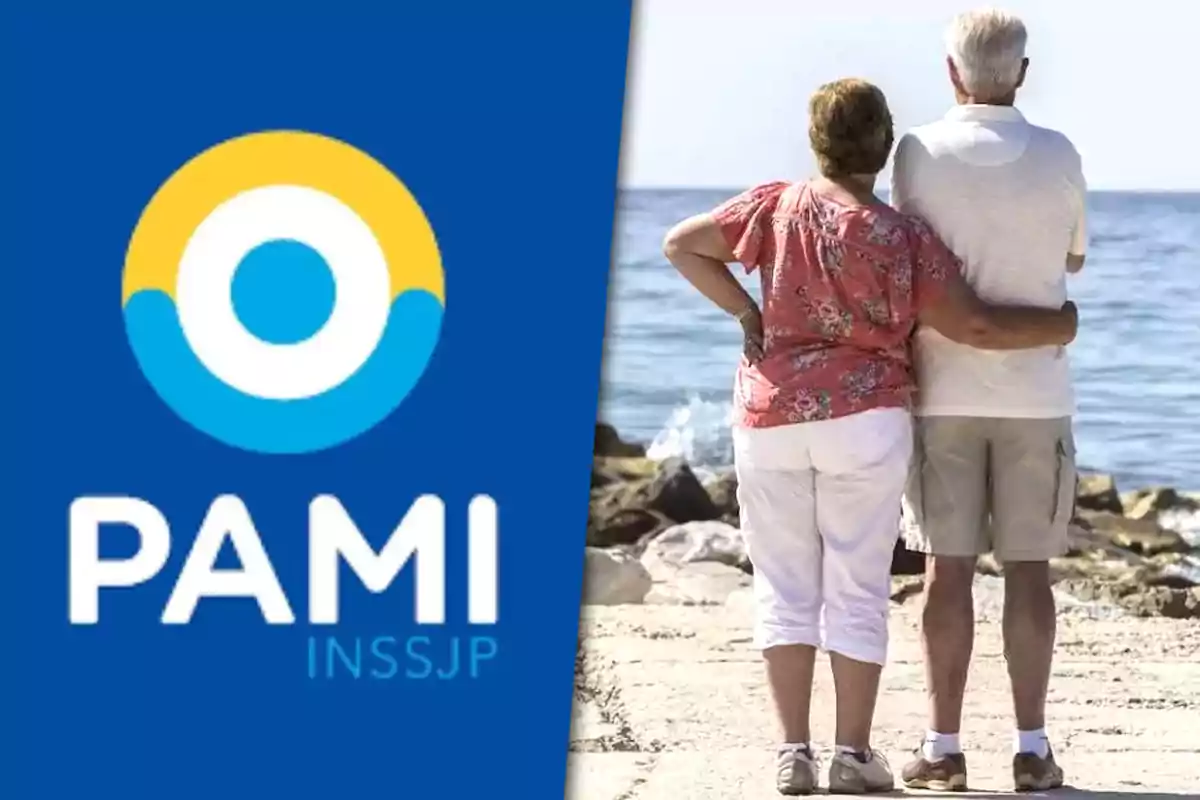 Logo de PAMI a la izquierda y una pareja de personas mayores de espaldas mirando el mar a la derecha.