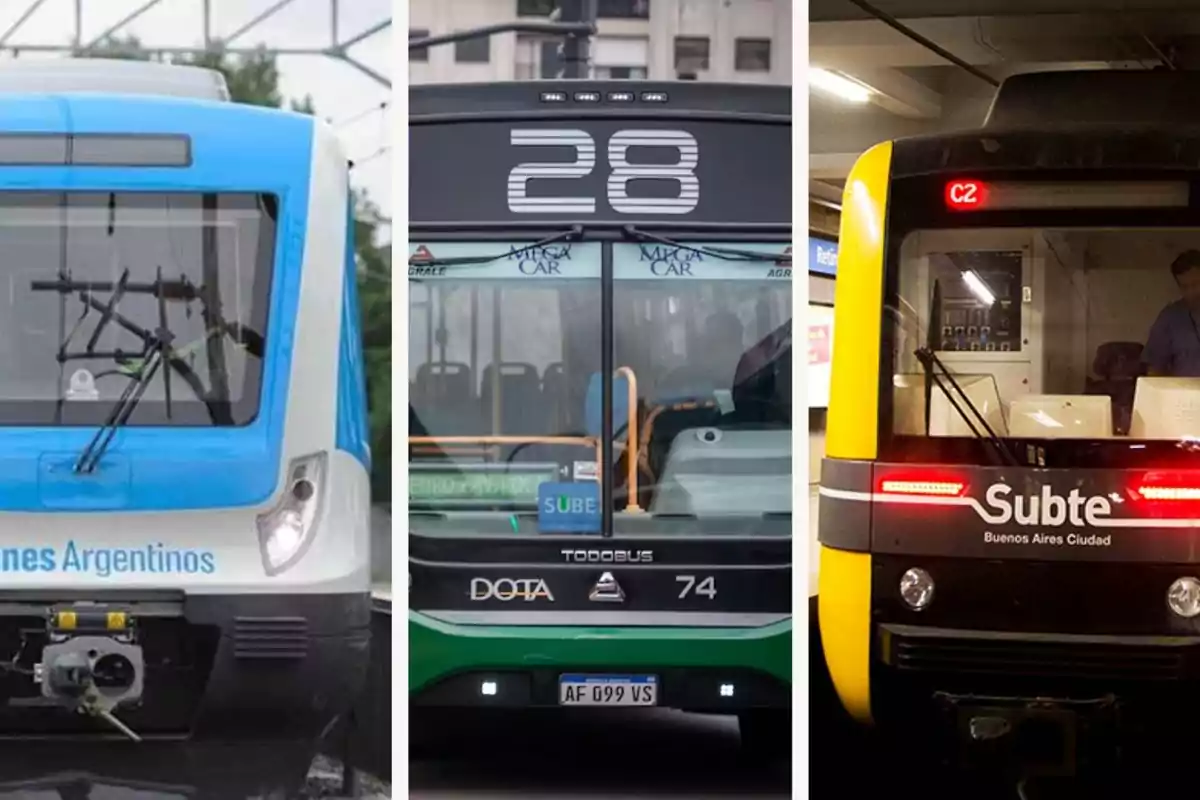 Imagen que muestra tres tipos de transporte público en Argentina: un tren, un autobús y un metro durante el 31 de diciembre fin de año y el 1 de enero año nuevo.