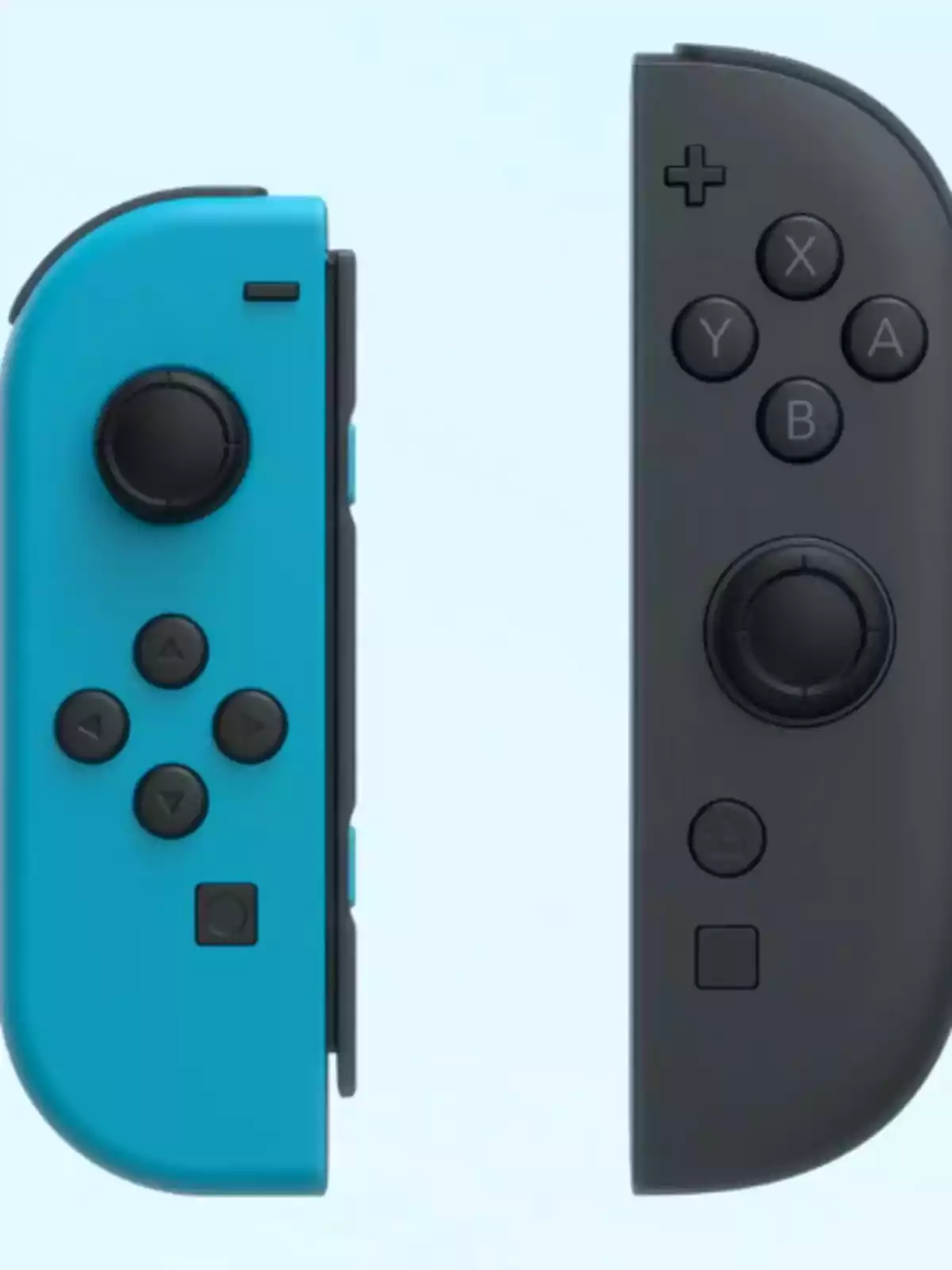 Dos controles Joy-Con de Nintendo Switch, uno azul y otro gris, vistos de perfil.