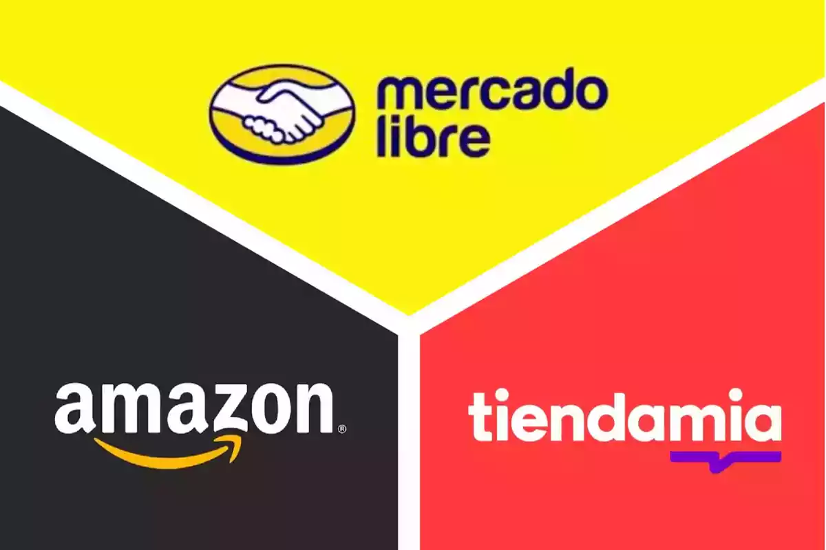 Logotipos de Mercado Libre, Amazon y Tiendamia en un diseño triangular con fondo amarillo, negro y rojo.