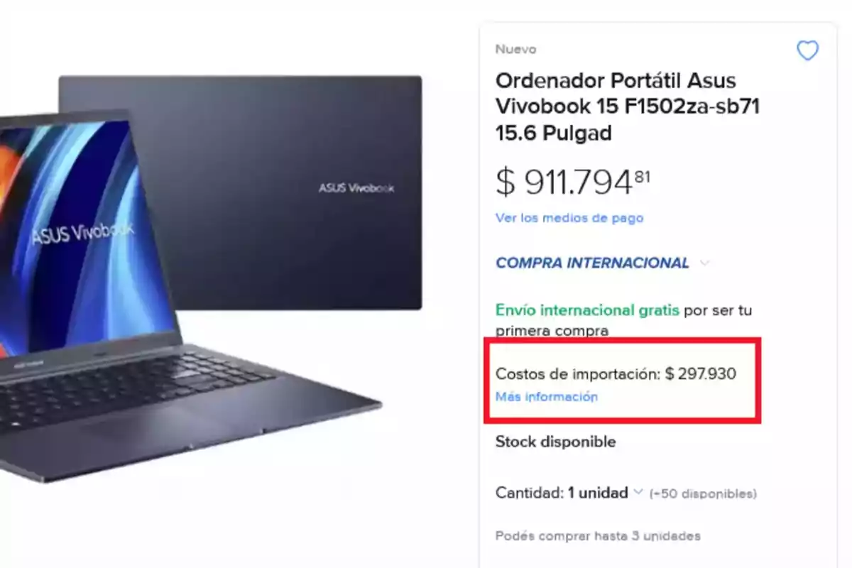 Imagen de un anuncio de un ordenador portátil Asus Vivobook 15 con un precio de 1.794,81 y costos de importación de 7.930.