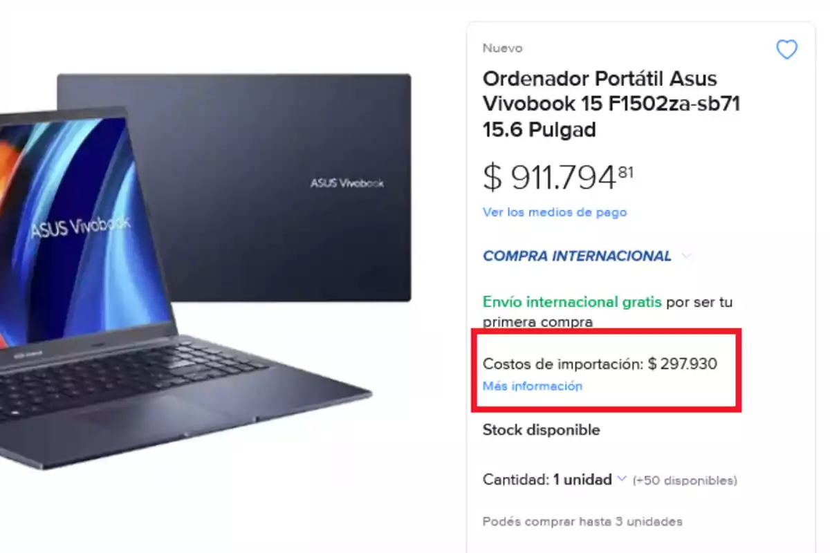 Imagen de un ordenador portátil Asus Vivobook 15 con detalles de precio y costos de importación en Mercado Libre.