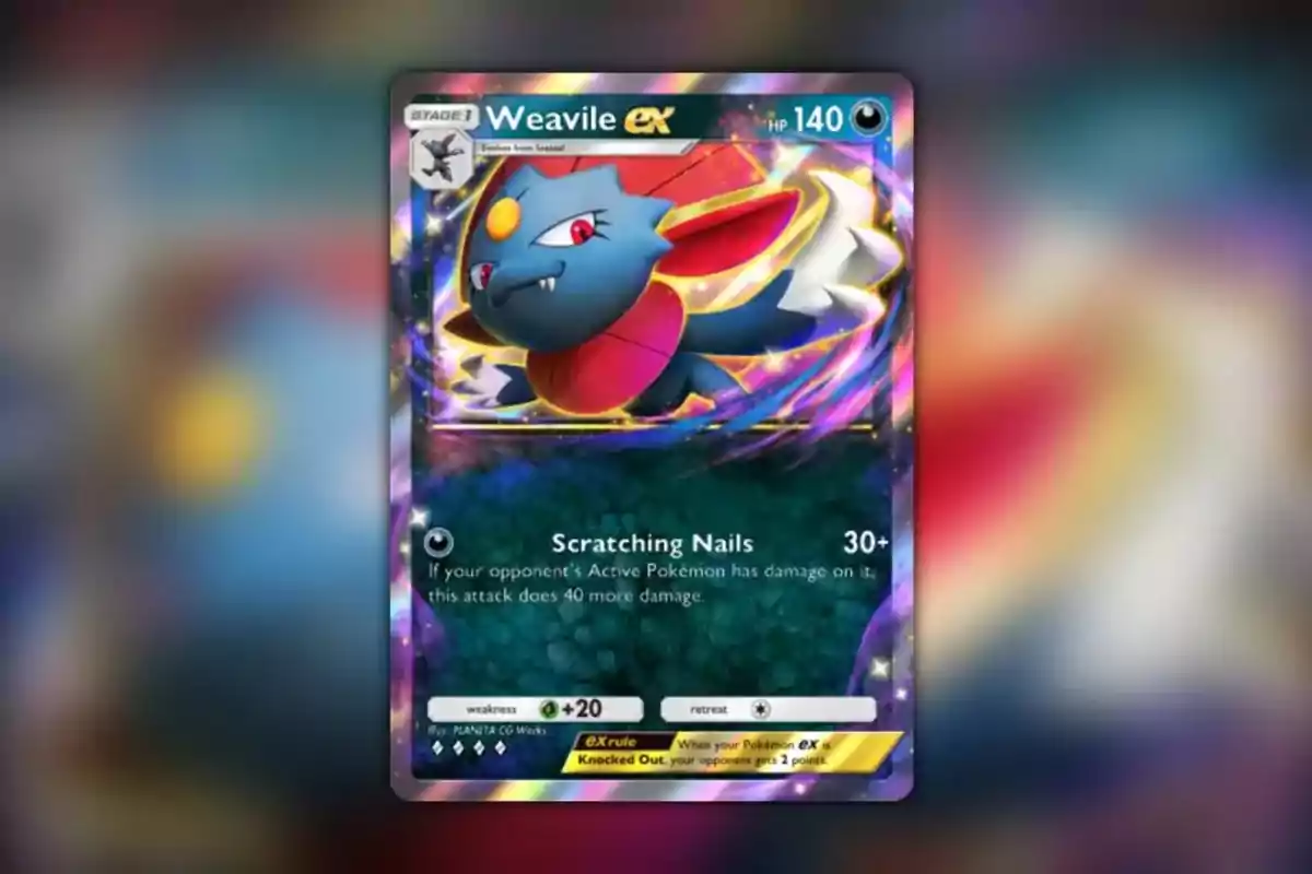 A Pokémon card with a colorful design featuring Weavile ex with 140 health points and an attack called "Scratching Nails."