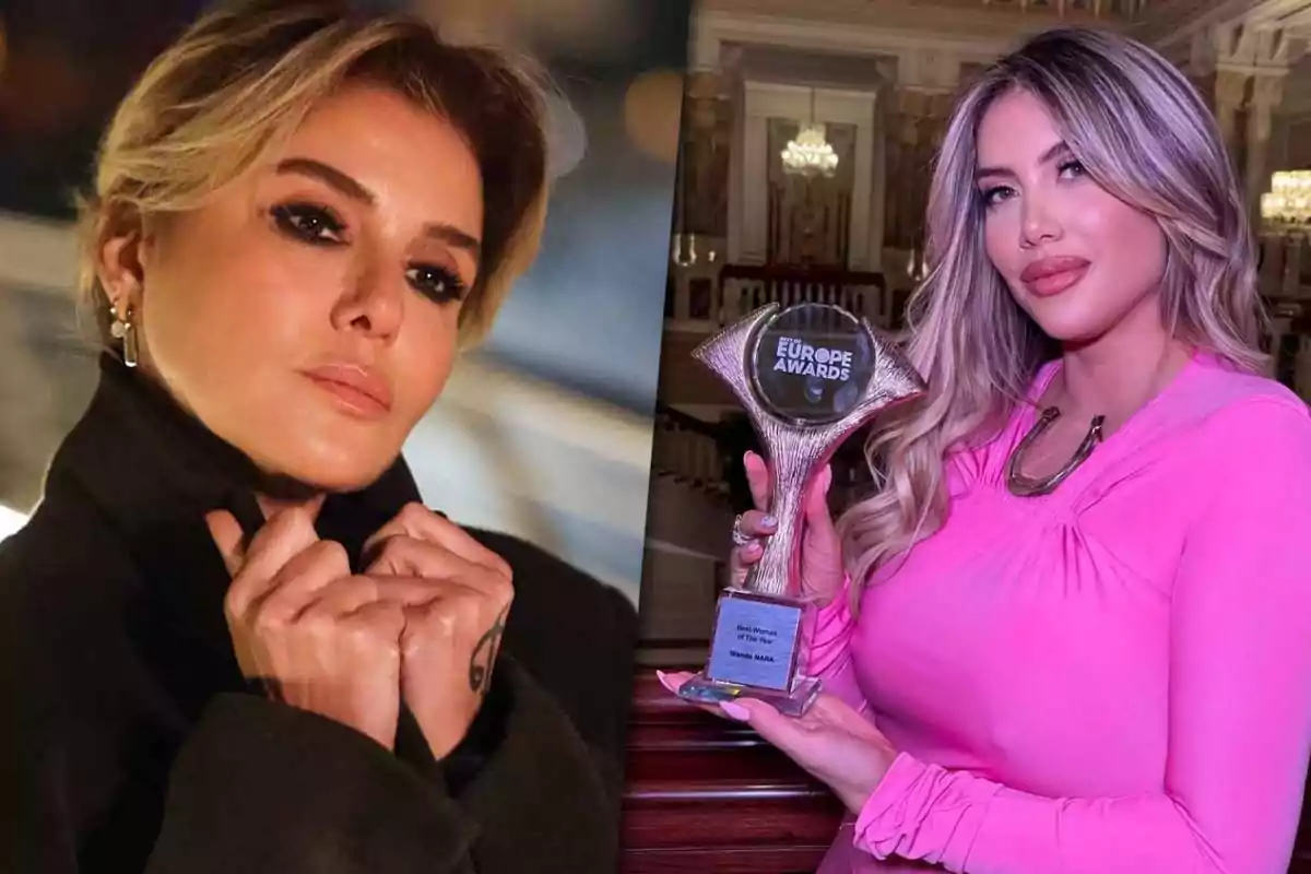 Dos mujeres posan en diferentes contextos, una con un abrigo oscuro y la otra con un vestido rosa sosteniendo un trofeo de los Europe Awards.