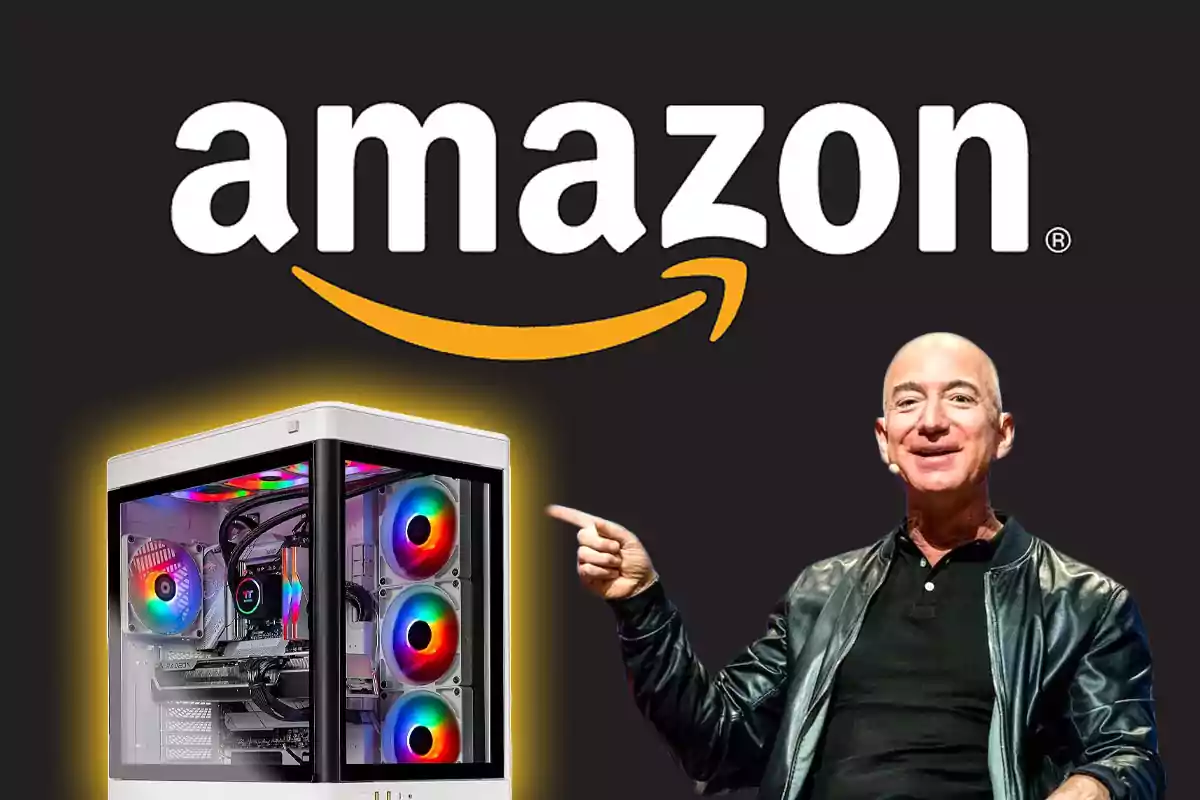 Jeff Bezos señala una PC Gamer de última generación con luces RGB frente al logo de Amazon.