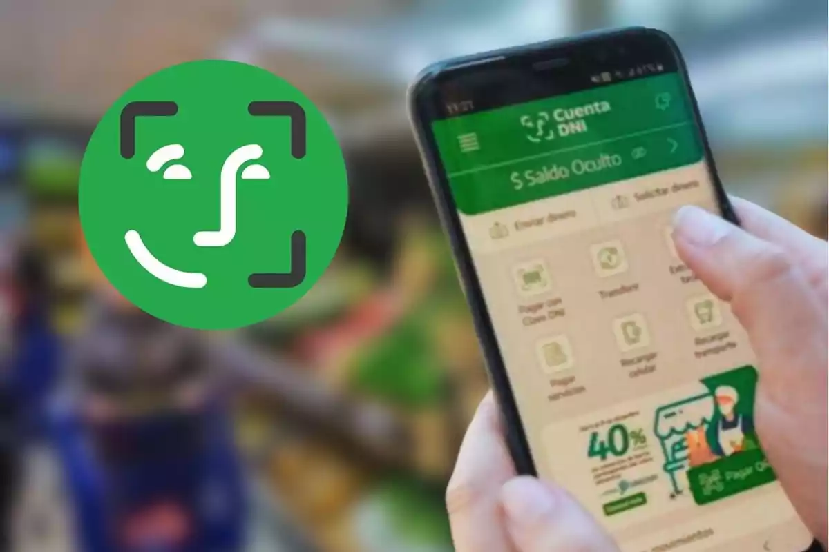 Una mano sostiene un teléfono móvil que muestra una aplicación de banca digital con un ícono verde de reconocimiento facial al lado.