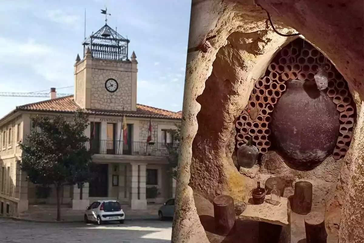 Un edificio con torre de reloj y una cueva con jarras y botellas de vidrio.