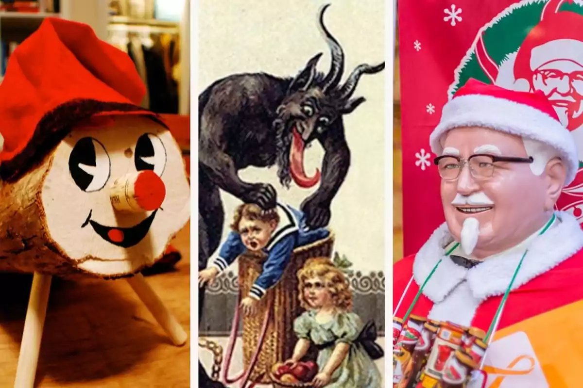 Tres imágenes relacionadas con tradiciones navideñas: un tronco decorado con cara sonriente y gorro rojo, una ilustración de Krampus con cuernos interactuando con niños, y una figura de KFC con barba blanca vestido de Papá Noél. Representan las tradiciones más raras del mundo.