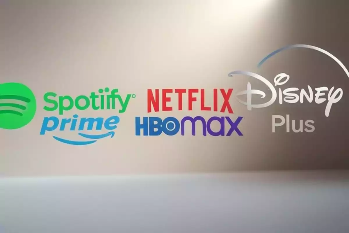 Logotipos de servicios de streaming y música como Spotify, Amazon Prime, Netflix, HBO Max y Disney Plus.