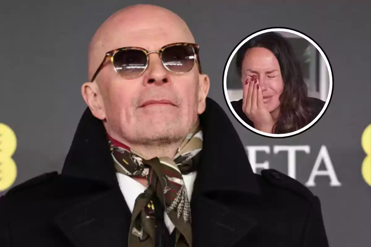 A bald man with sunglasses and a scarf appears in the main image, while in an inset a woman is shown crying with her hand on her face.